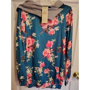 Miusey Women’s L Floral Pullover Hoodie Blue Pink Gray Long Sleeve Pockets
